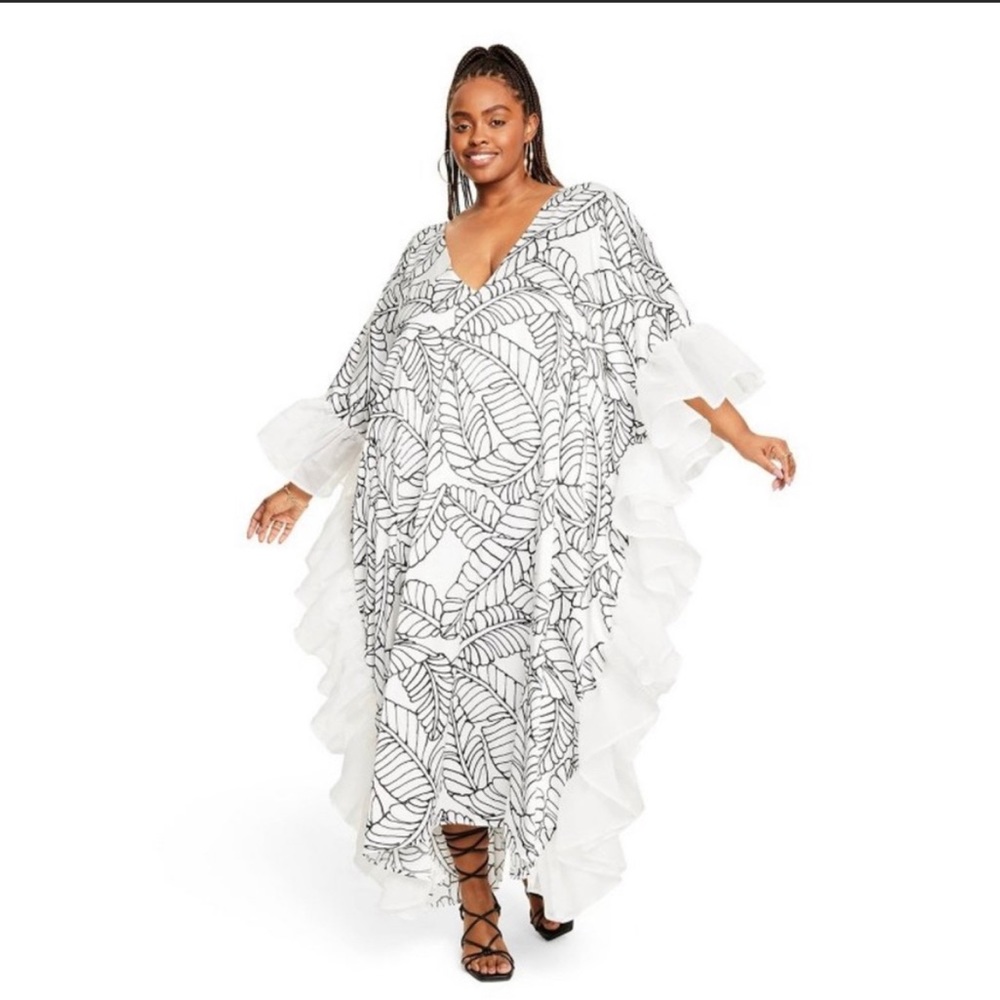 Fe Noel x Target Women's Sketch Palm Leaf Print Ruffle Trim Cover Up Dress (2x)